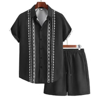 2024 New Men's Summer Holiday Suit Retro Textured Printed Border Shirt Short Sleeve Shorts Two Piece Men's Breathable Pool Suit Quick Pick Grocers