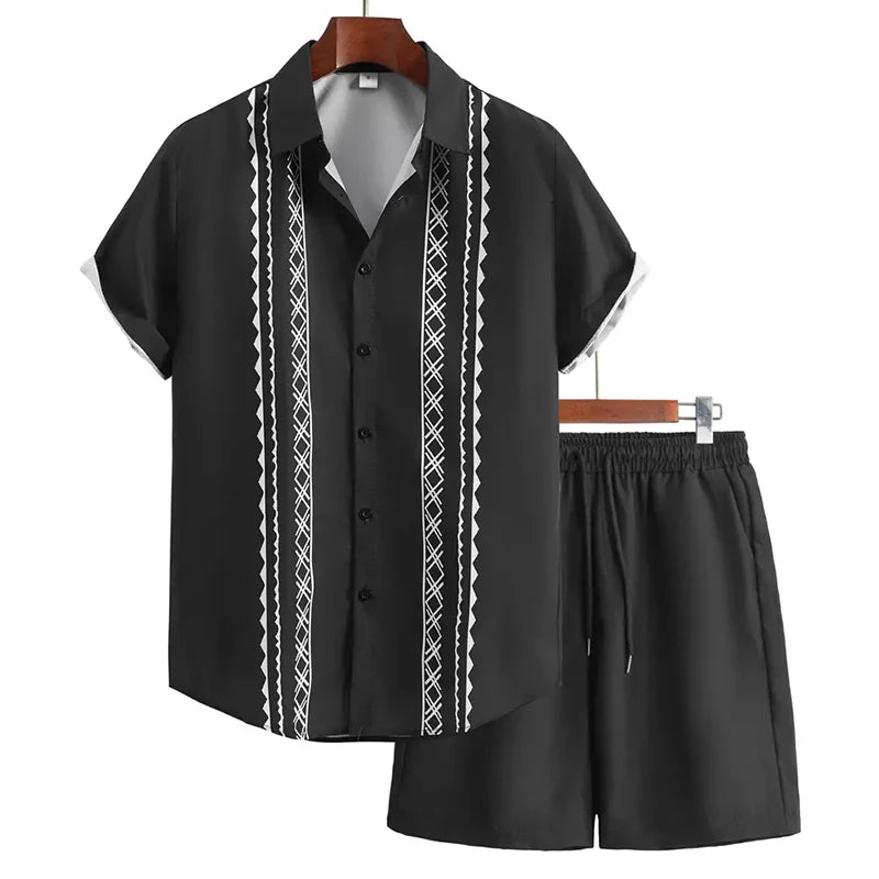 2024 New Men's Summer Holiday Suit Retro Textured Printed Border Shirt Short Sleeve Shorts Two Piece Men's Breathable Pool Suit Quick Pick Grocers