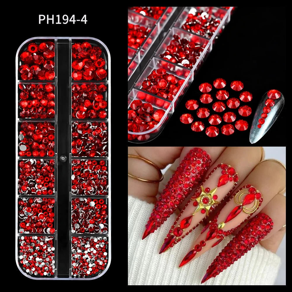 12Grids SS6-SS30 Mixed Nail Rhinestones Shiny Clear/Gold/Pink/Blue Diamond Flat-back Nail Gems Glass Stones Nails Decoration Econic Blanks