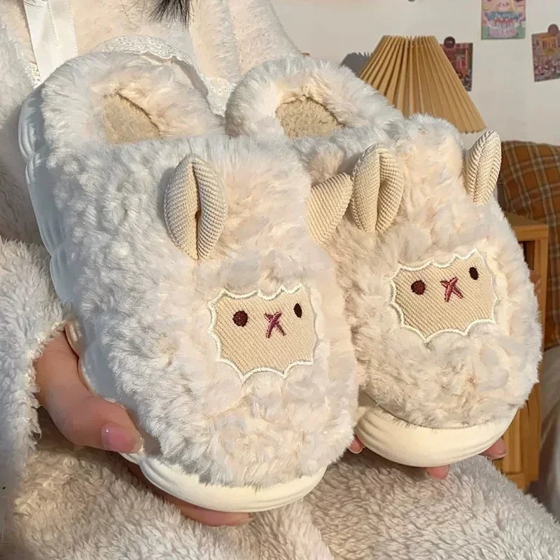 Winter Cartoon Plush Slippers Warm Fluffy Faux Fur Sheep Design Indoor Home Couple Cotton Slippers for Men And Women Purest Peak