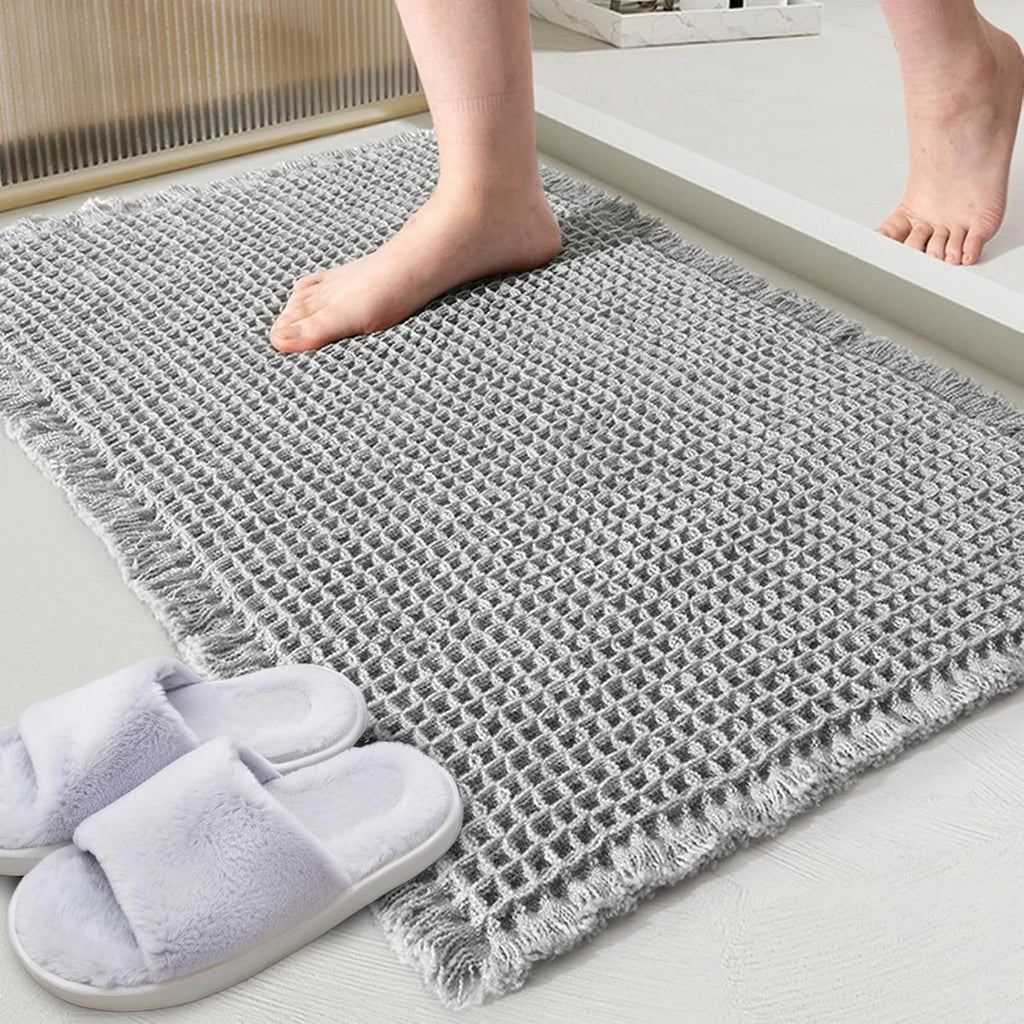 Waffle Bathroom Rugs Soft Non Slip Machine Washable Super Absorbent Bath Mats with Tassels for Bathroom Floor Tub Beside Decor Quick Pick Grocers