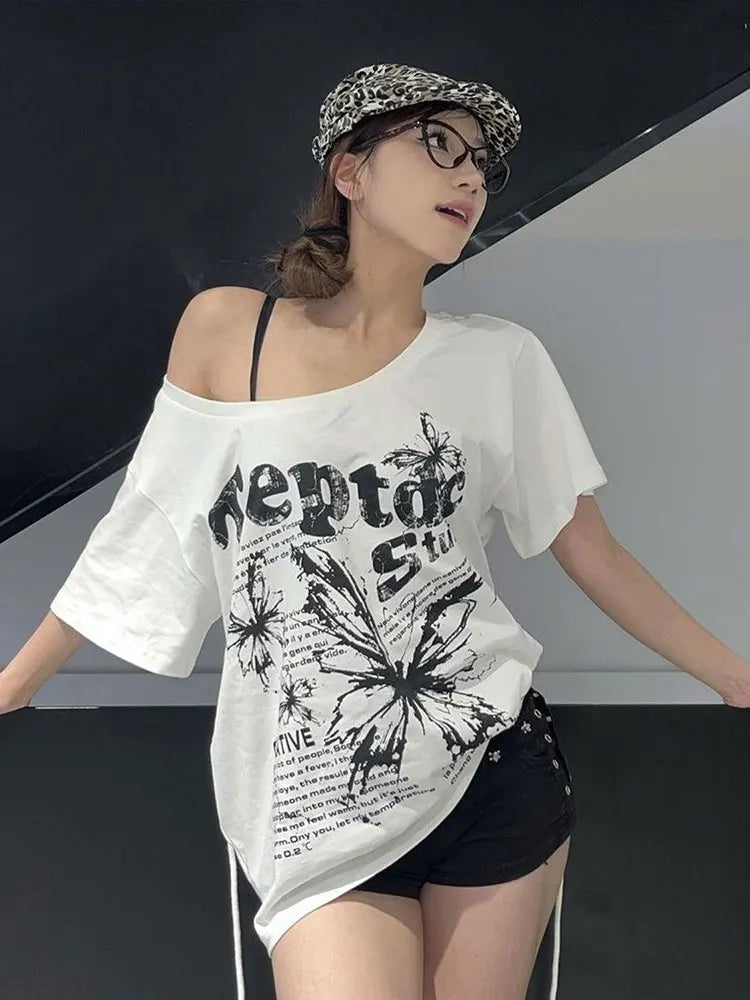 White Y2k Vintage Oversize Off shoulder Short sleeve T shirt With Print Women Casual Graphic Summer Top Butterfly Tees Quick Pick Grocers