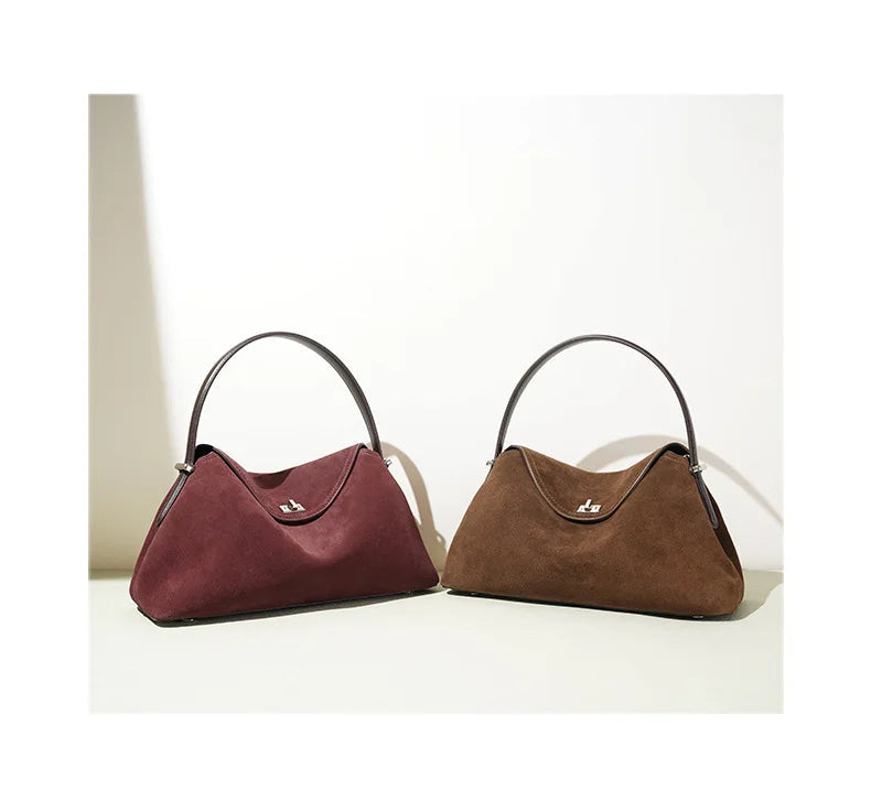 2026 Autumn Winter All-match Bowling Tote All-match Matte Suede Cowhide Leather Women Shoulder Bag Coffee Purple Noble Handbag Quick Pick Grocers