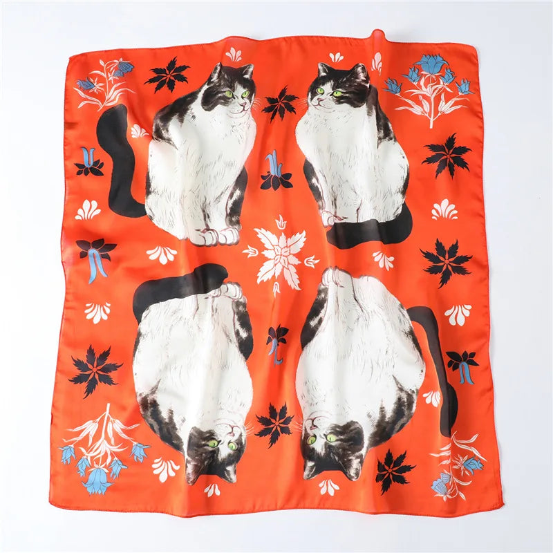 2025 Silk Shawl Print Headscarf Cat Hair Wrap Neckerchief Female Satin Square Scarf For Women Headband Foulard Hijab Bandana Quick Pick Grocers