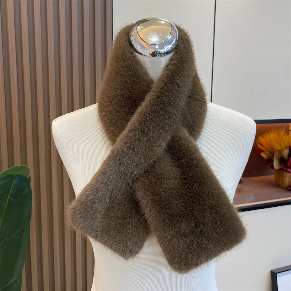 Women Winter Warm Thicken Cross Collar Scarf Solid Color Faux Rabbit Fur Cold Proof Scarves Fashion Soft Furry Neck Warmer Quick Pick Grocers