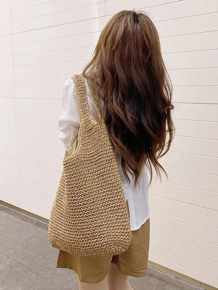 French Style Large Capacity Woven Straw Woven Bag for Women New Beach Vacation Shoulder Bag Casual Commuting Tote Bag Purse Quick Pick Grocers