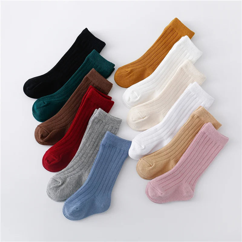 Lawadka 0-5Years Kids Boys Girls Socks Cotton Solid Striped Soft Baby Knee Long Children's Socks School Sport Baby Sock 12 Color Quick Pick Grocers