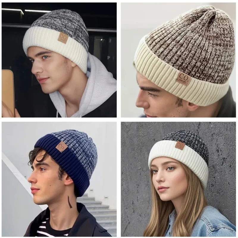 New Unisex Two-Tone Winter Hats Add Fur Lined Men And Women Fashion Warm Beanie Cap Casual Winter Knitted Hats Purest Peak