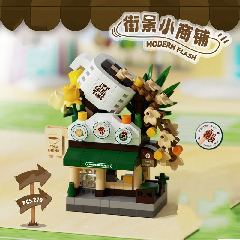 Library Candy Store Street View Coffee Pet Bread Flower Hamburger Small Shop City Building Blocks Fun Street Store Toys Quick Pick Grocers