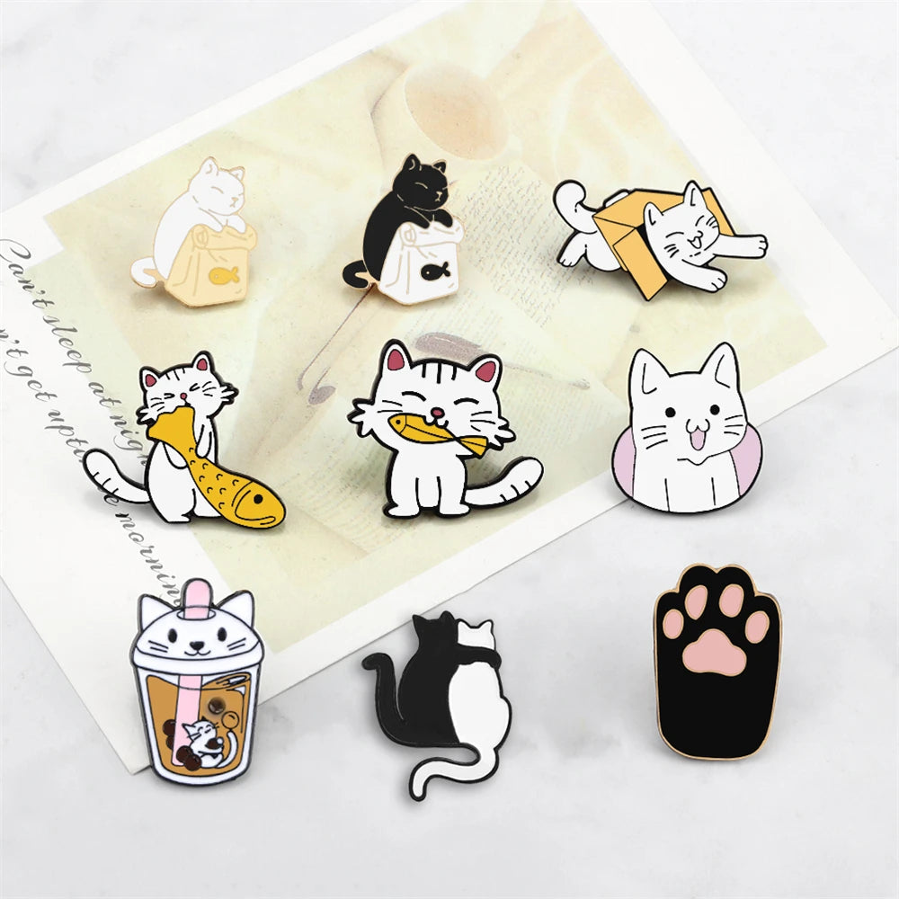20 Styles Cute Cats collection Enamel Pins Dried Fish Bag Brooch Cartoon Animal Badges Denim Lapel Jewelry Gift for Kids Friends Quick Pick Grocers
