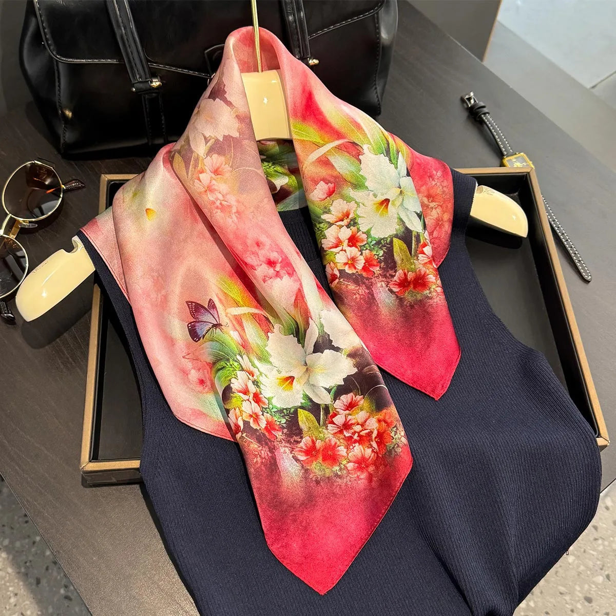 2025 Fashion 100% Real Silk Scarf 53cm Square Bandelet Women's Silk Temperament Small Scarf Neck Decorative Wrap Printed Scarves Quick Pick Grocers
