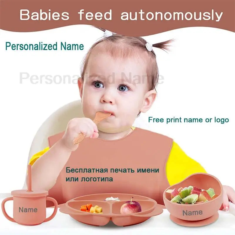 Baby Feeding Plate Sets Suction Bowl Silicone Plate For Kids 6Pcs Children Tableware Personalized Name Dinner Dishes Cups Spoon Purest Peak