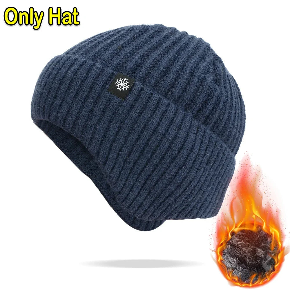 Outdoor Men Winter Knitted Hat Plush Warmth Peaked Cap Earmuff Casual Fashion Faux Fur Lined Bomber Hats Cycling Ear Protection Purest Peak