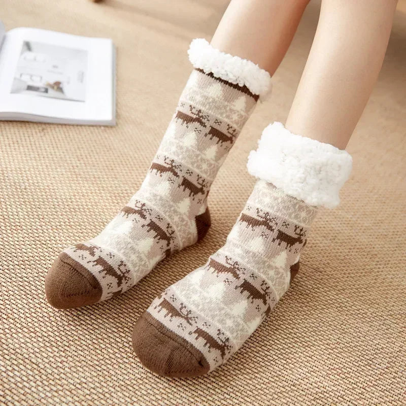 Christmas Gift Slipper Socks Women Thermal Winter Warm Plush Non slip Grip Sleeping Floor Short Sock Fuzzy Fluffy Female Cartoon Quick Pick Grocers