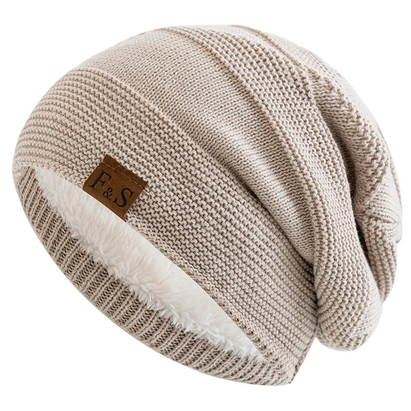 New Unisex Slouchy Winter Hats Add Fur Lined Men And Women Warm Beanie Cap Casual Label Decor Winter Knitted Hats Purest Peak