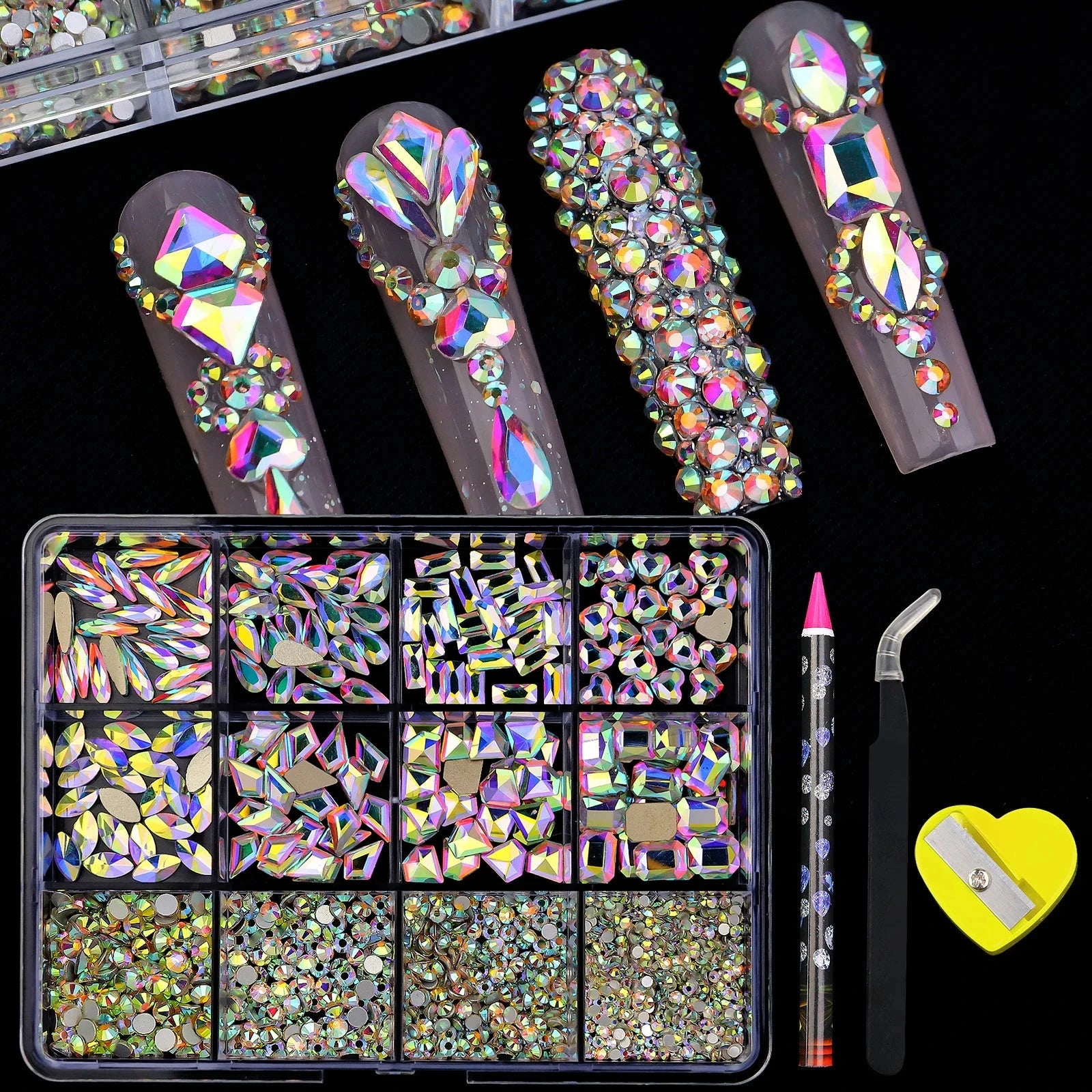 12 Grid Diamond Jewelry Set for Nail Art Decorations Nail Ab Flat Bottom Drill Nail Art Luxe Nail Shaped Diamond Illusion Color Econic Blanks