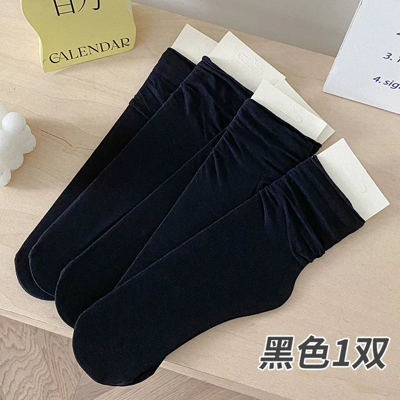 INS Women Girls Summer Thin Long Socks Ice Velvet Soft Breathable Pile of Socks Solid Black White Beige Harajuku High Tube Socks Quick Pick Grocers