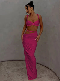 Cutenew Woven Matching Women 2 Piece Sexy Vacation Outfits Pleated Crop Camis+Shirring High Waist Maxi Skirts Solid Mujer Sets Quick Pick Grocers
