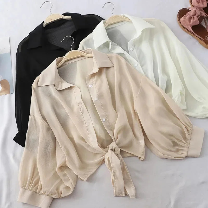 Casual Loose Hollow White Clothes Elegant Solid Color Tied Waist Blouse Women Summer Bat Half Sleeve Button Chiffon Shirt Quick Pick Grocers