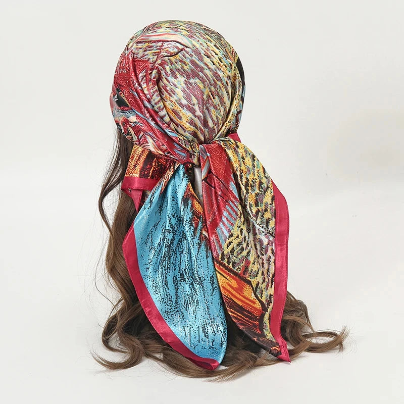 Satin Square Scarf Women Muslim Hijab Elegant 2025 Print Silk Neckerchief Shawl Wraps Headband Handle Hair Accessories Bandana Econic Blanks