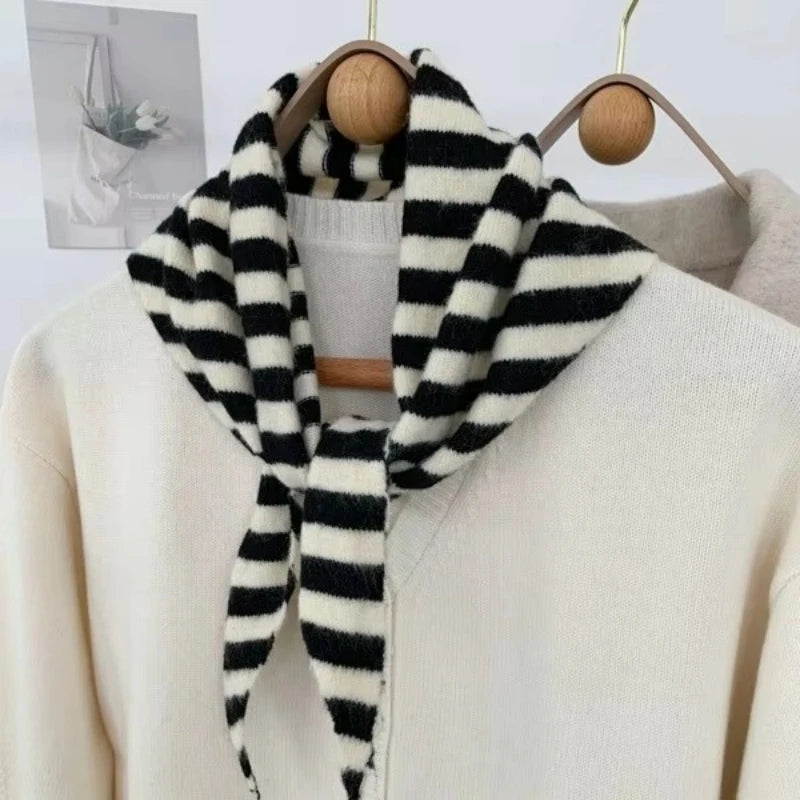 New Women Wool Scarf Shawl Winter Warm Soft Knitted Striped Triangle Fashion Brand Bandana Lady Wool Scarves Quick Pick Grocers