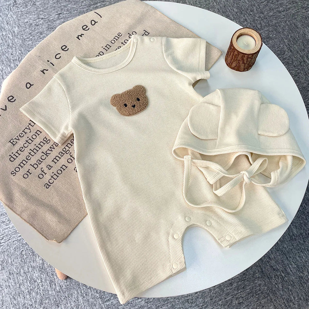 New In Summer Kids Baby Girls Boys Short Sleeve Waffle Patch Bear Infant Newborn Jumpsuits Cotton Romper Gift Hat with Ear Econic Blanks