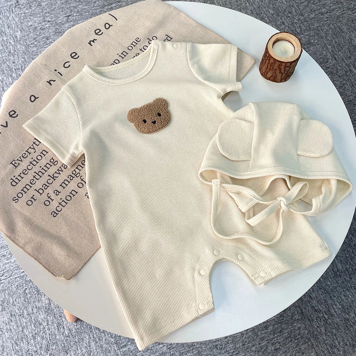 New In Summer Kids Baby Girls Boys Short Sleeve Waffle Patch Bear Infant Newborn Jumpsuits Cotton Romper Gift Hat with Ear Econic Blanks