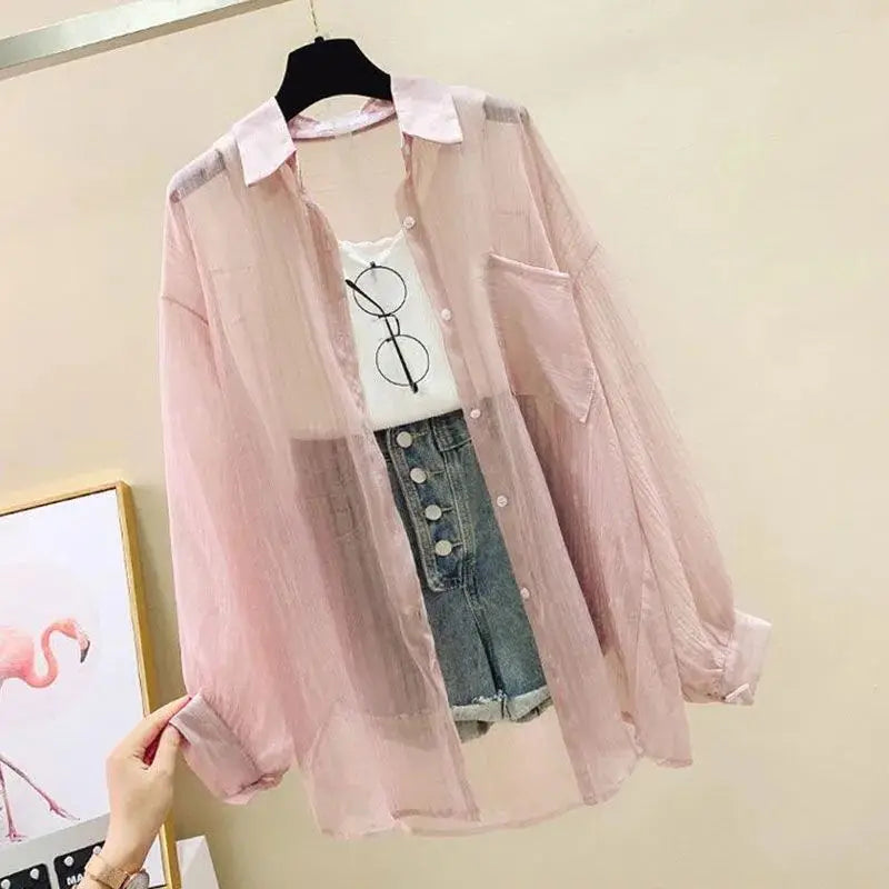 Summer Sunscreen Shirt Elegant Perspective Thin Chiffon Blouse Korean Harajuku See Through Loose Top Casual Women's Cardigan Quick Pick Grocers