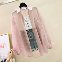 Summer Sunscreen Shirt Elegant Perspective Thin Chiffon Blouse Korean Harajuku See Through Loose Top Casual Women's Cardigan Quick Pick Grocers