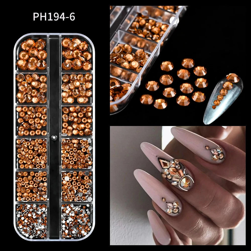 12Grids SS6-SS30 Mixed Nail Rhinestones Shiny Clear/Gold/Pink/Blue Diamond Flat-back Nail Gems Glass Stones Nails Decoration Econic Blanks
