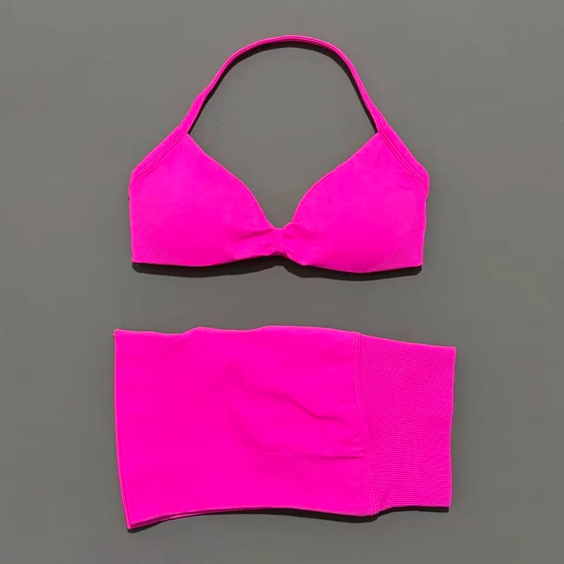 HISTELLO Gym Set 2 Piece Women Strappy Yoga Bra Top Workout Scrunch Shorts Sports Suit Fitness Clothes Seamless Yoga Set Quick Pick Grocers