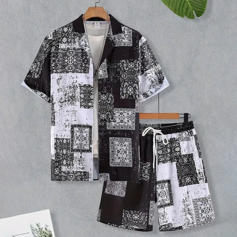 2024 New Men's Summer Holiday Suit Retro Textured Printed Border Shirt Short Sleeve Shorts Two Piece Men's Breathable Pool Suit Quick Pick Grocers