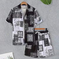2024 New Men's Summer Holiday Suit Retro Textured Printed Border Shirt Short Sleeve Shorts Two Piece Men's Breathable Pool Suit Quick Pick Grocers