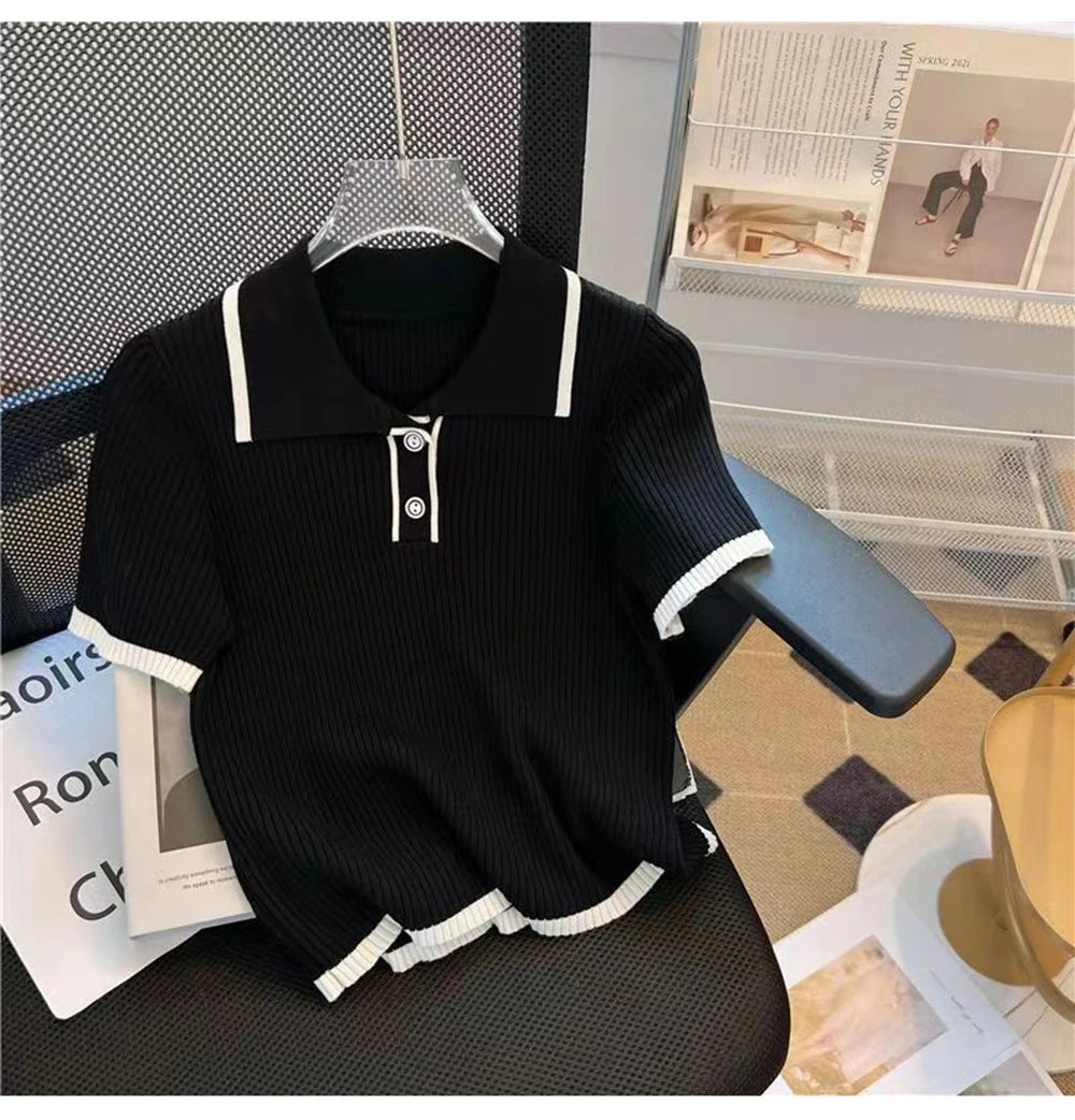 Ice silk knitted short sleeved T-shirt for women's summer 2024 new fashionable and stylish polo shirt top Quick Pick Grocers