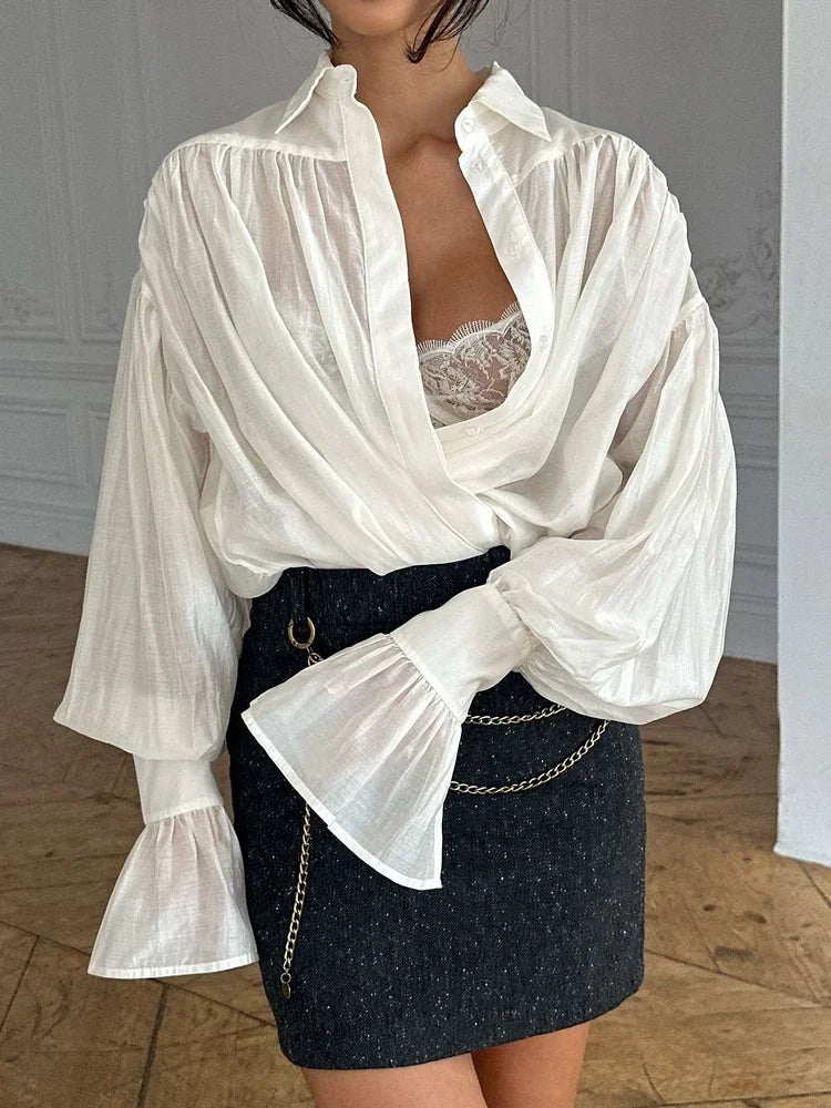 Tossy Casual Loose See-Through Shirts Women's Autumn Lapel Long Sleeve Patchwork Blouse Top Streetwear Female Solid Shirts Top Quick Pick Grocers