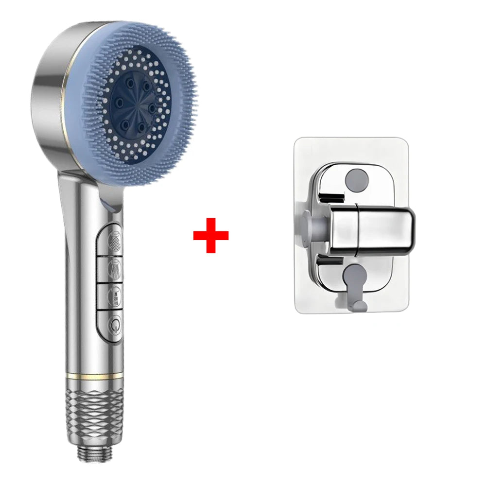 4 Modes Self-cleaning Shower Head with Silicone Brush One-Key Stop Water Massage High Pressure ABS Showerhead with Filter Quick Pick Grocers