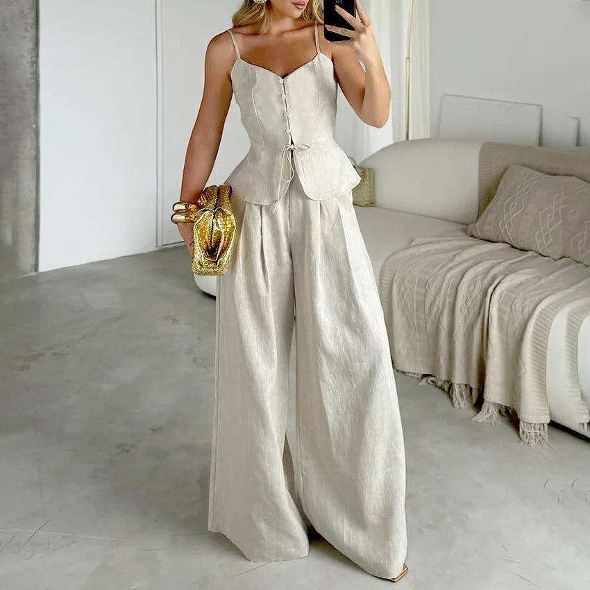 Mueyaruho Women 2026 Summer Office Pant Set Suits Solid Beige Outfits 2 Two Piece Wide Leg Matching Set For Women Quick Pick Grocers