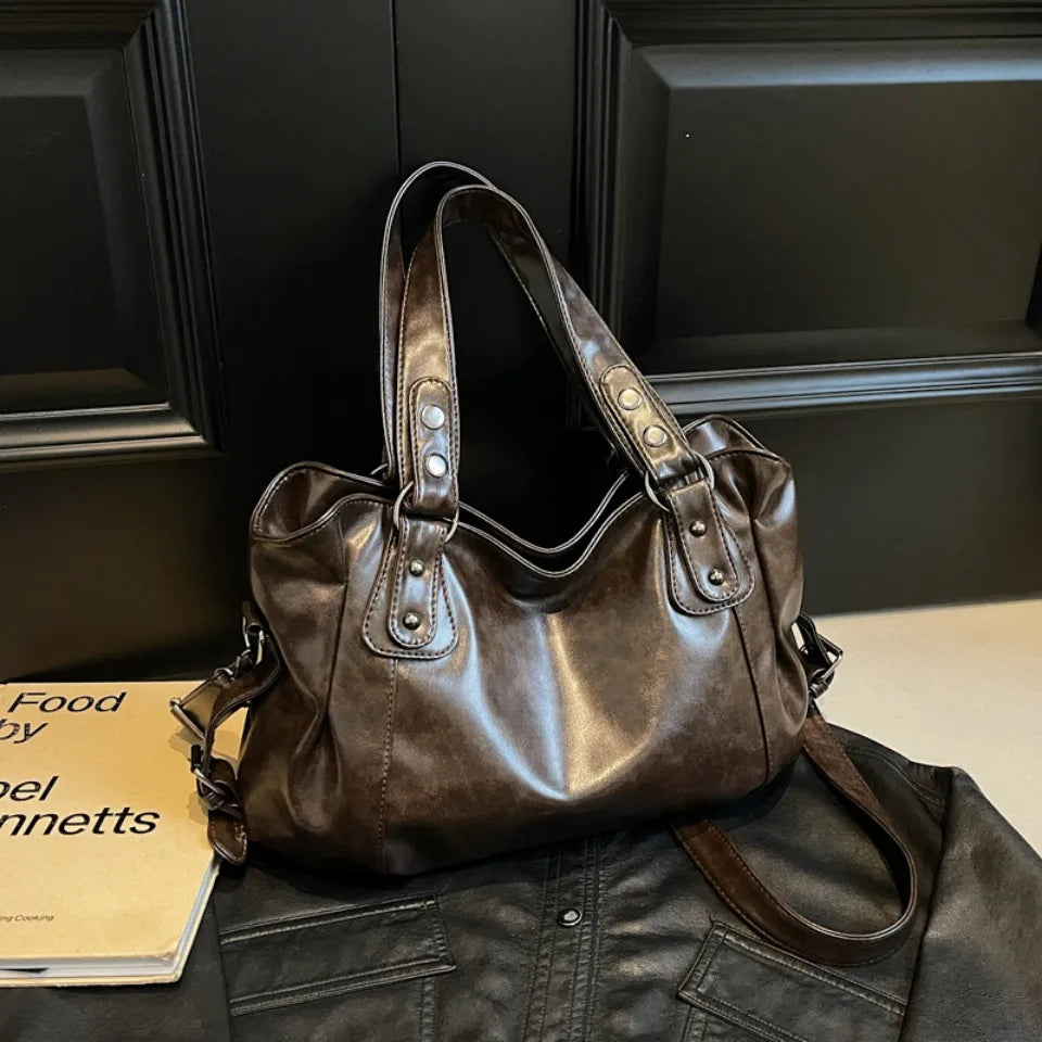 Retro Brand Roomy Shoulder Bag Female Luxury Solid Color Classic Crossbody Bag Large Capacity Style Soft PU Leather Tote Bag Quick Pick Grocers