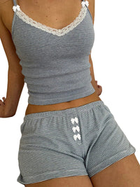 Fairy Kawaii Women Outfits 2 Pcs Sets y2k Aesthetic Spaghetti Strap Sleeveless Crop Top Button Short 2000s Matching Homewear Quick Pick Grocers
