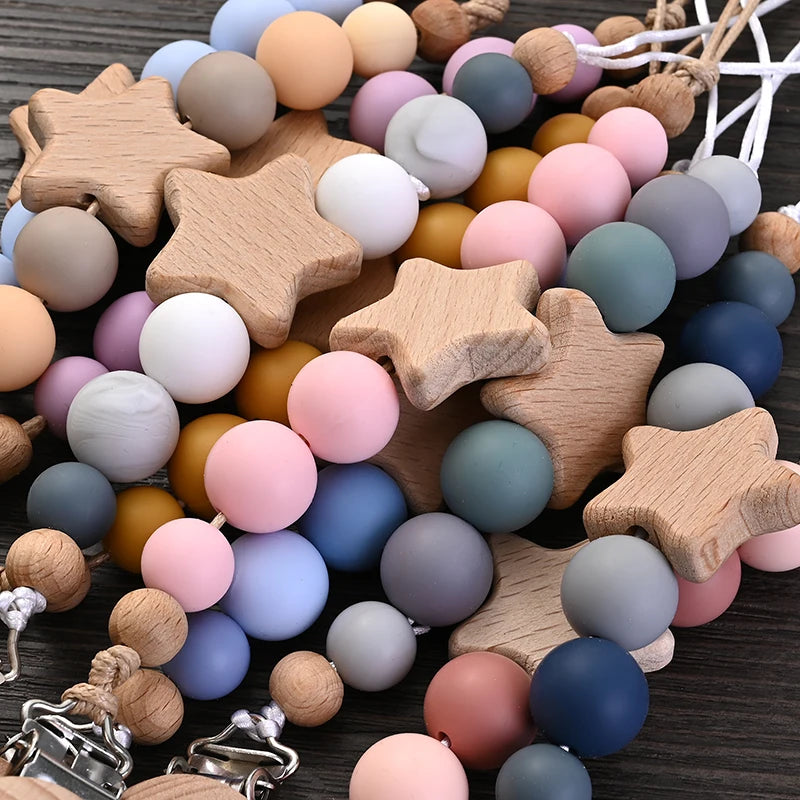 Baby Pacifier Chain Clips Wood Pentagram Teether Silicone Round Beads Teething Chain For Baby Care Soother Chew Toys Shower Gift Purest Peak