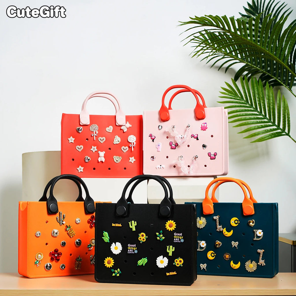 EVA Large Leather Shoulder Bag Handbag Tote Bag Storage for Women Casual Waterproof Beach Bag Hole Fit Charm Fashion Storage Bag Quick Pick Grocers