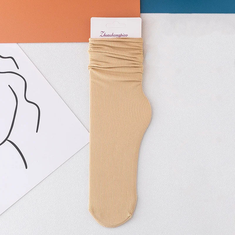 INS Women Girls Summer Thin Long Socks Ice Velvet Soft Breathable Pile of Socks Solid Black White Beige Harajuku High Tube Socks Quick Pick Grocers