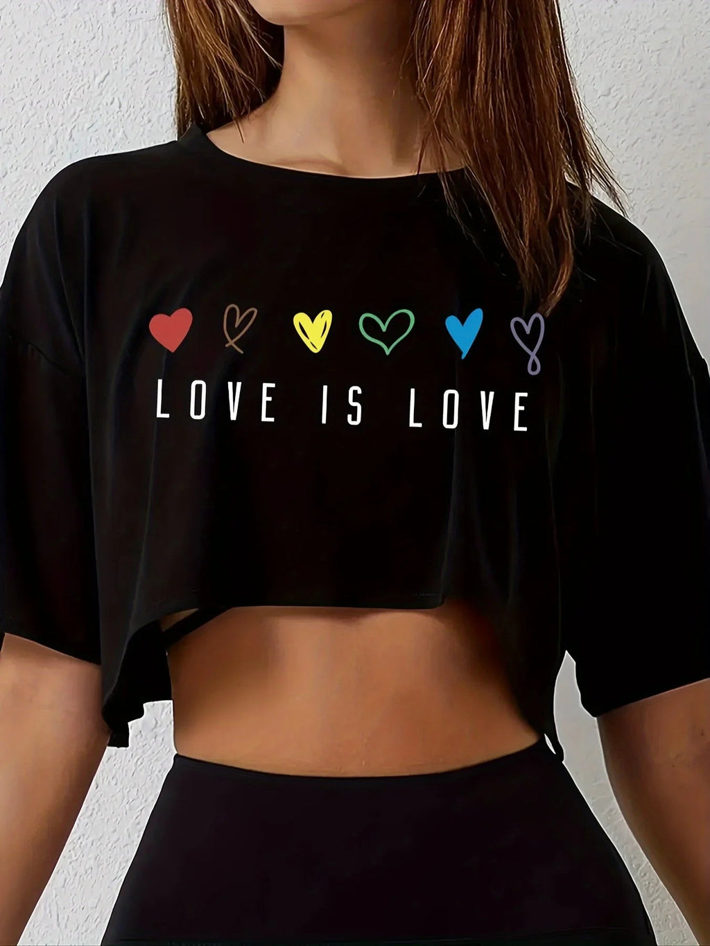 Womens Vibrant Pride Crop Top T-Shirt - Short Length Casual Loose Fit Breathable Medium Stretch Polyester Colorful Heart Quick Pick Grocers
