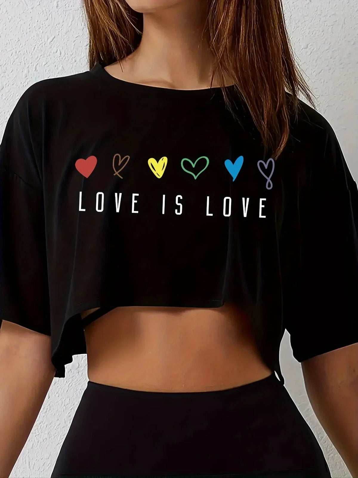Womens Vibrant Pride Crop Top T-Shirt - Short Length Casual Loose Fit Breathable Medium Stretch Polyester Colorful Heart Quick Pick Grocers