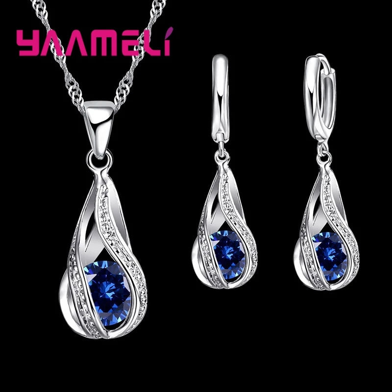 Hot Water Drop CZ 925 Sterling Silver Plated Jewelry Set For Women Pendant Necklace Hoop Earrings Wedding Party Ceremoey Anel Quick Pick Grocers