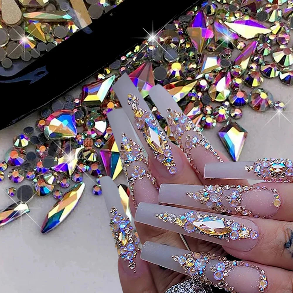 180pcs AB Flatback Glass Nail Art Rhinestones Multi-shape Mixed Diamond Gems Blue Purple Crystal Stones For DIY Nail Decoration Econic Blanks