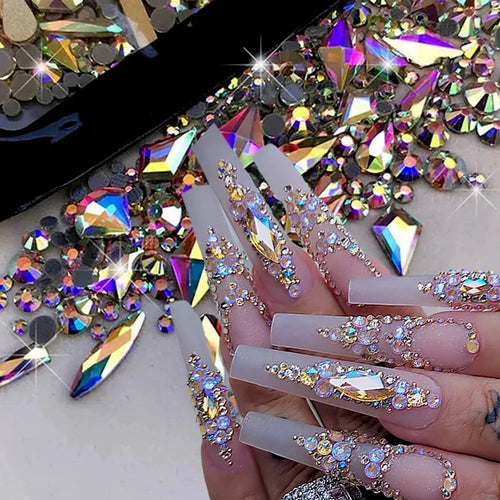 180pcs AB Flatback Glass Nail Art Rhinestones Multi-shape Mixed Diamond Gems Blue Purple Crystal Stones For DIY Nail Decoration Econic Blanks