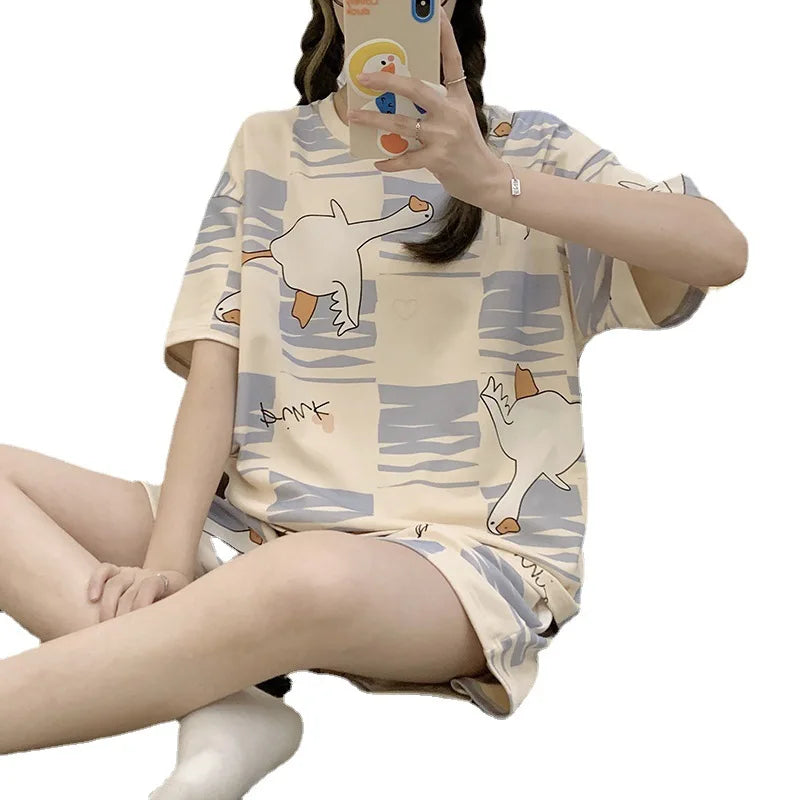 New Pajamas Female Summer Large Size Short-Sleeved Homewear Suit Korean Version of the Student Sweet and Lovely Ladies Homewear Quick Pick Grocers