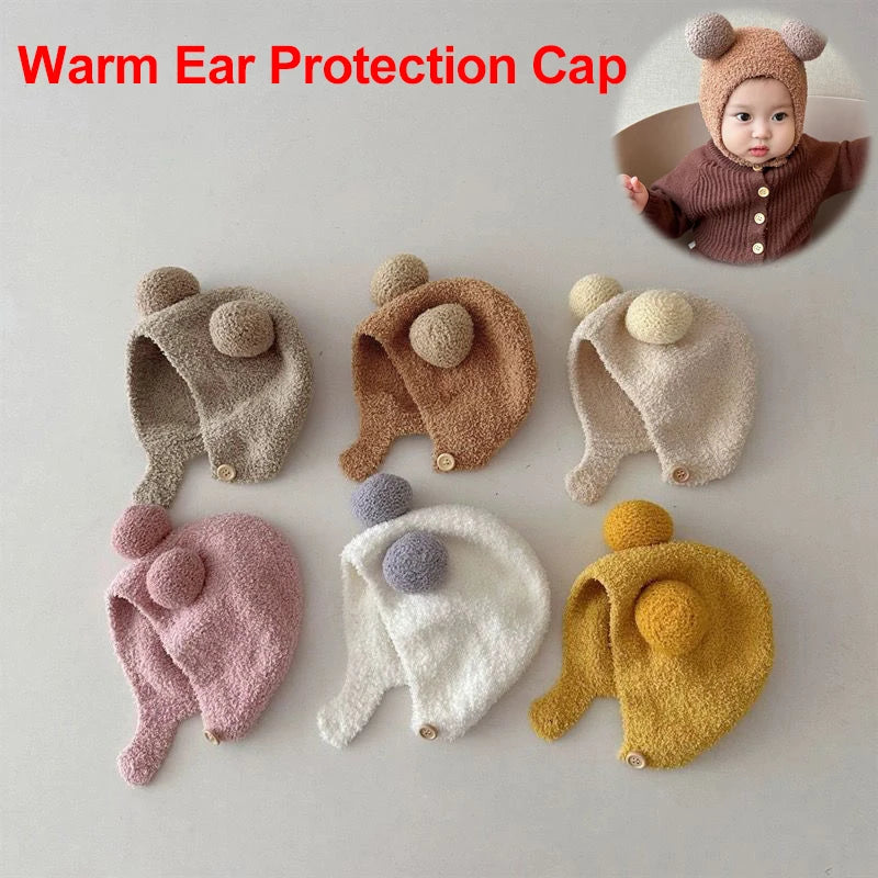 Cute Winter Warm Kids Girl Boys Baby Hats Fleece Wool Hemming Caps with Ball Solid Wool Ear Protection Hats Soft Newborn Bonnet Purest Peak