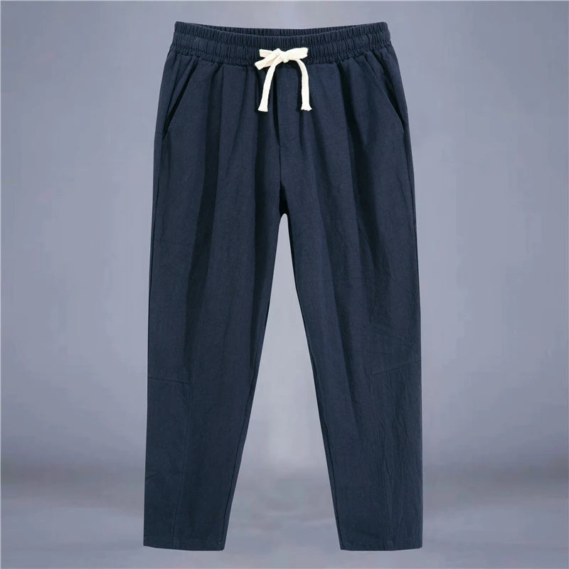 Men's Trousers Cotton Linen Fashion Casual Pants Solid Color Breathable Loose Shorts Straight Drawstring Pants Streetwear Men Quick Pick Grocers